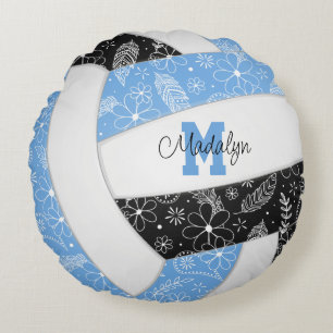 flowers feathers paislies lt blue black volleyball round pillow