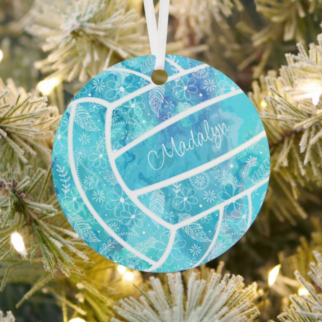 flowers feathers paislies turquoise volleyball metal ornament (Insitu)