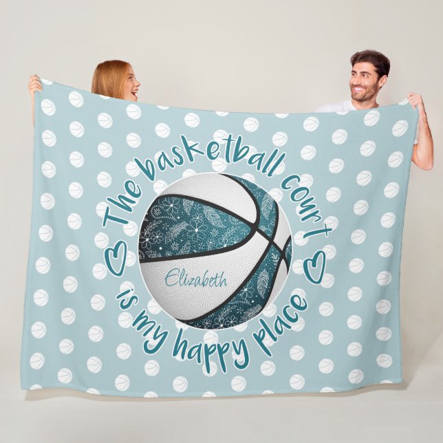flowers feathers teal basketball court happy place fleece blanket (In Situ)