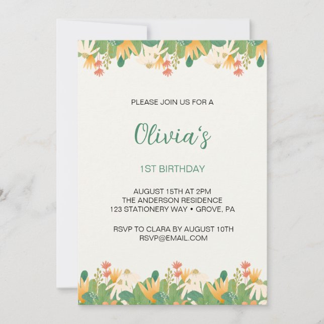Flowers First Birthday Invitation (Front)