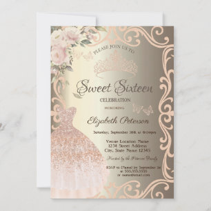 Flowers Frame Dress Glitter Butterflies Sweet 16 Invitation