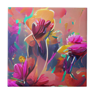 Flowers fuchsia yellow pink digital art tile