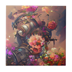 Flowers fuchsia yellow pink steampunk digital art tile