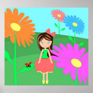 Flowers, Girl and Ladybug Poster