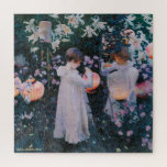 Flowers Girls Paper Lanterns Vintage Painting Kids Jigsaw Puzzle<br><div class="desc">Custom, personalized, family kids nature flowers art lovers 675 pieces jigsaw puzzle, featuring a beautiful, enchanting, intricate, detailed vintage oil painting on canvas, by John Singer Sargent, featuring lilies carnations roses girls and paper lanterns, and your note / greetings in an elegant faux gold typography script. Made of sturdy cardboard...</div>