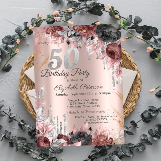  Flowers Glitter Drips Rose Gold 50th Birthday  Invitation (Creator Uploaded)