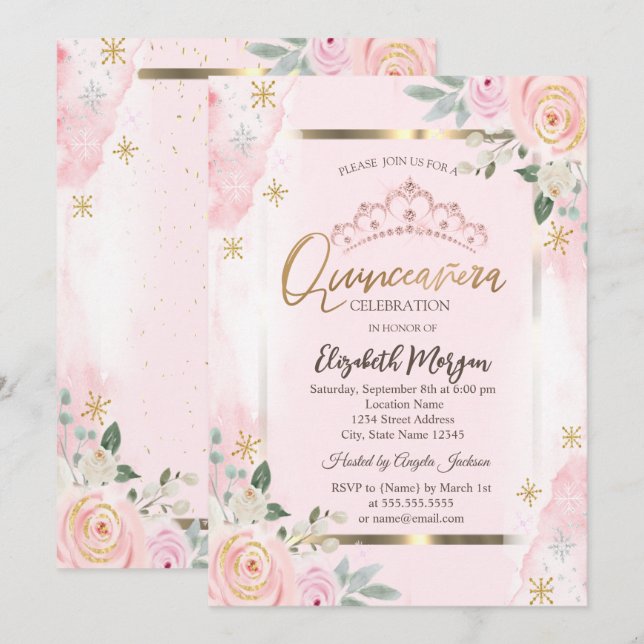  Flowers Gold Frame Pink Roses Quinceañera Invitation (Front/Back)