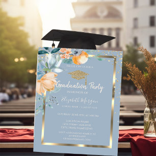 Flowers Gold Grad Cap Dusty Blue Graduation Invitation