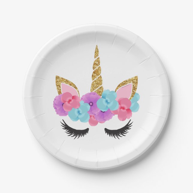 Flowers Gold Magical Unicorn Girls Paper Plate (Front)