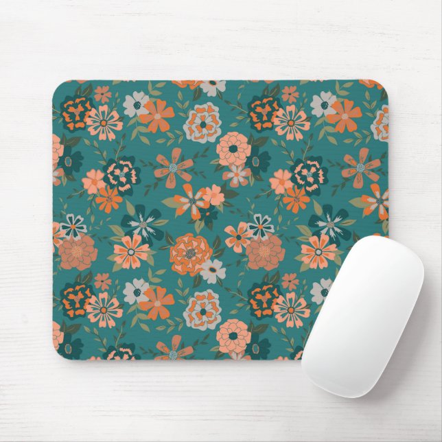 Flowers Green Orange Botanical Pattern Girly Mouse Pad (With Mouse)