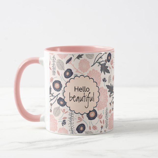Flowers Grey Pink Black Hello Beautiful Mug (Left)
