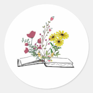 Flowers growing from books  classic round sticker