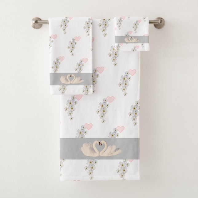 Flowers, Heart & Swan Couple on Black & Light Grey Bath Towel Set (Insitu)