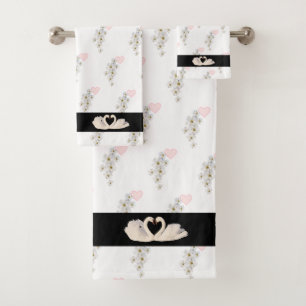 Flowers, Heart & Swan Couple on Black & White Bath Towel Set