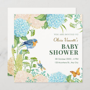 Flowers Hydrangea Bird Butterfly baby shower Invitation