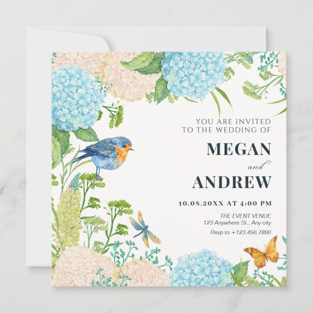Flowers Hydrangea Bird Butterfly wedding Invitation (Front)