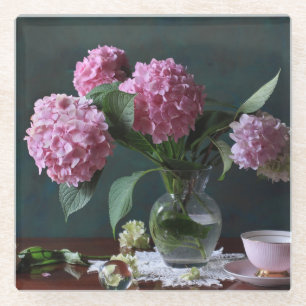Flowers Hydrangeas in Vase Glass Coaster