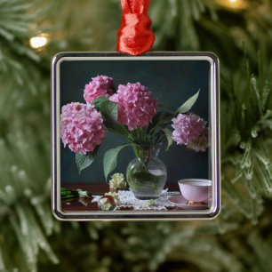 Flowers Hydrangeas in Vase Metal Ornament