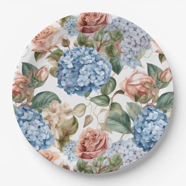 Flowers,hydrangeas,vintage roses,pink roses  paper plate (Front)