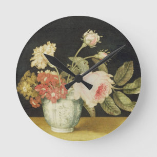Flowers in a Delft Jar (oil on panel) Round Clock
