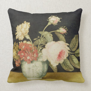 Flowers in a Delft Jar (oil on panel) Throw Pillow