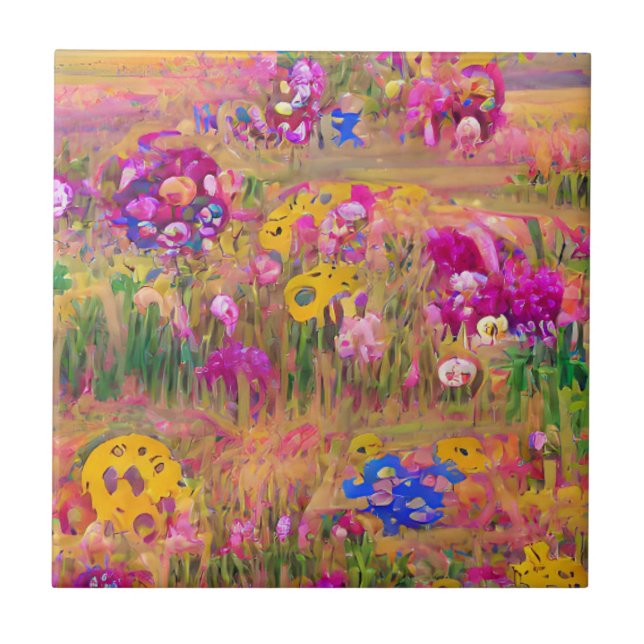Flowers in a field bright psychedelic digital art  tile (Front)