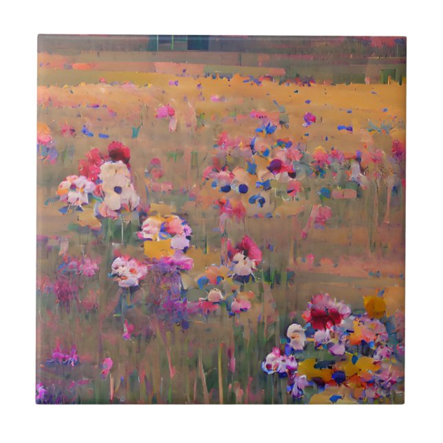 Flowers in a field lavender white digital art  tile (Front)