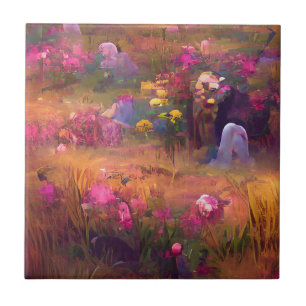 Flowers in a field pink fuchsia digital art tile