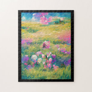 Flowers in a field purple pink white digital art jigsaw puzzle