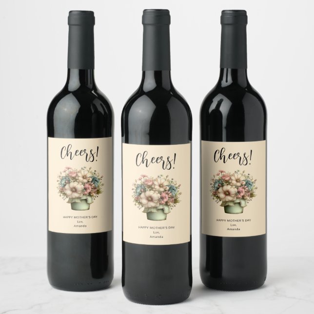 Flowers in a Planter Pot Cute Mother's Day Wine Label (Bottles)