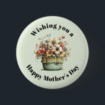 Flowers in a Pot Cozy Cute Mother's Day 2 Inch Round Button<br><div class="desc">A button with a whimsical stylish pot of flowers. Green,  pink and cream colors. Set in a green pot with a plaid cloth. Shabby vintage vibe.</div>