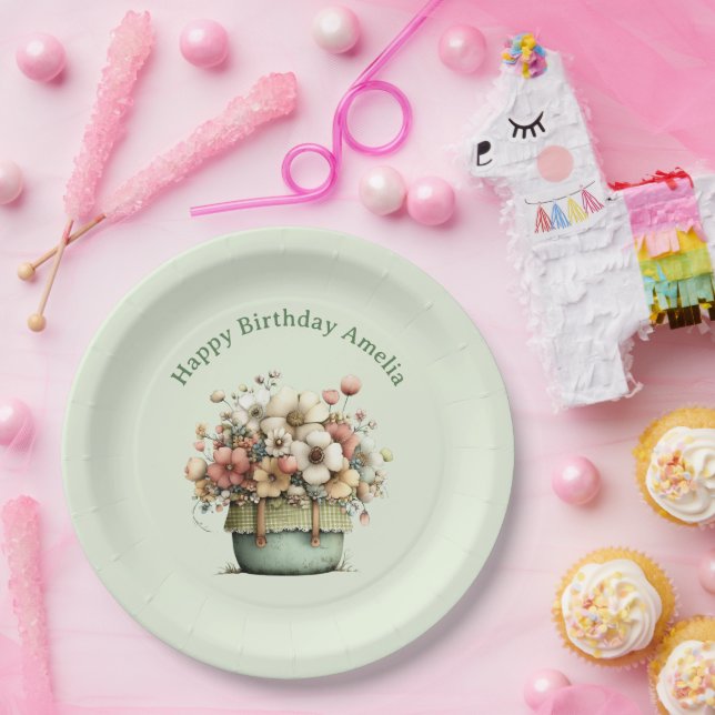  Flowers in a Pot Cozy Shabby Cute Birthday Paper Plate (Party)