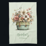 Flowers in a Pot Cozy Shabby Cute Kitchen Towel<br><div class="desc">Kitchen towel with a whimsical stylish pot of flowers. Green,  pink and cream colors. Set in a green pot with a plaid cloth. Shabby vintage vibe.</div>