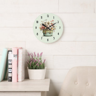 Flowers in a Pot Cozy Shabby Cute Large Clock
