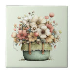 Flowers in a Pot Cozy Shabby Cute Tile<br><div class="desc">Ceramic tile wwith a whimsical stylish pot of flowers. Green,  pink and cream colors. Set in a green pot with a plaid cloth. Shabby vintage vibe.</div>