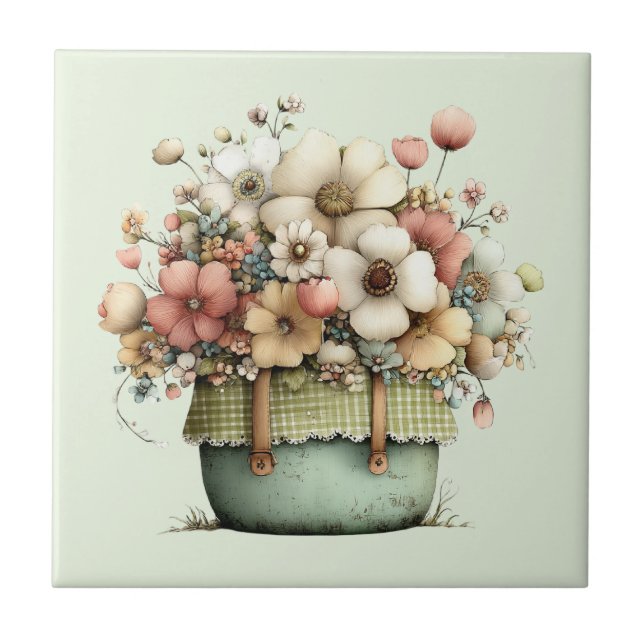 Flowers in a Pot Cozy Shabby Cute Tile (Front)