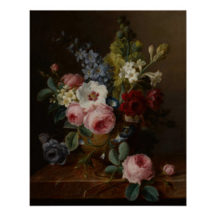 Flowers in a Vase on a Marble Ledge Poster