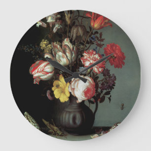 Flowers in a Vase with Shells and Insects Large Clock