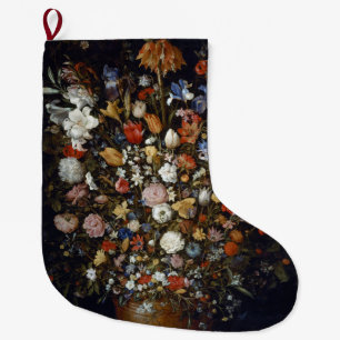 Flowers in a Wooden Vessel (by Jan Brueghel) Large Christmas Stocking