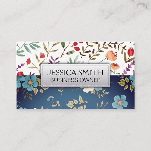 Flowers in Bloom | Wild Blue White Flowers Business Card (Front)