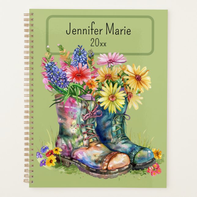 Flowers in Boots Personalize with Name, Year  Planner (Front)