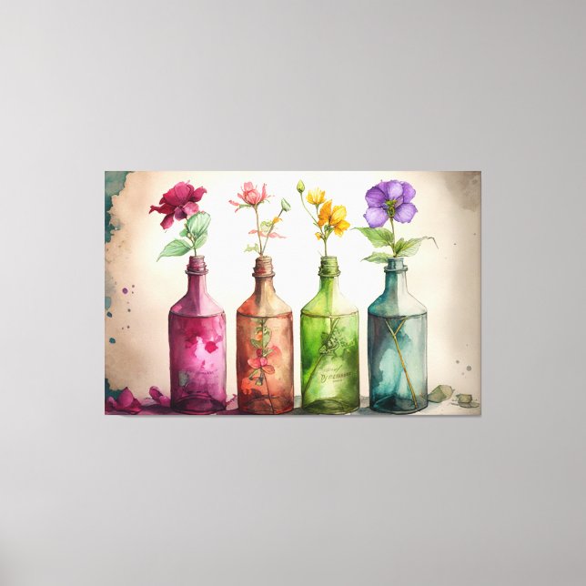 Flowers In Bottles, Floral Print, Floral Art Canvas Print (Front)