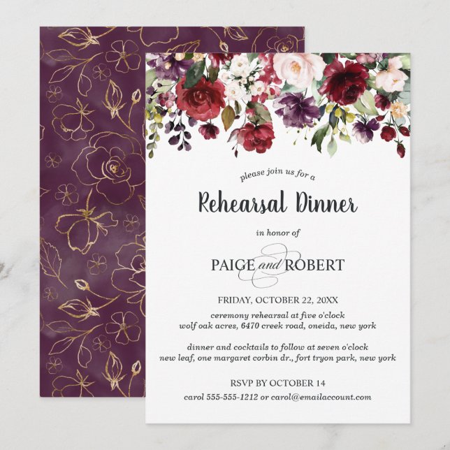 Flowers in Burgundy, Plum, Pink Rehearsal Dinner Invitation (Front/Back)