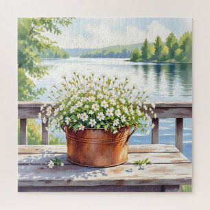 Flowers in Copper pot on Lakehouse Deck Jigsaw Puzzle