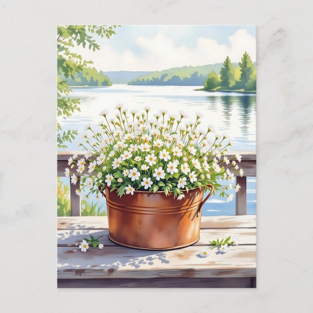 Flowers in Copper pot on Lakehouse Deck Postcard (Front)
