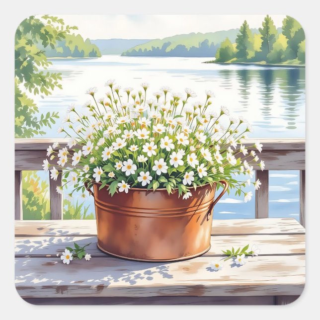 Flowers in Copper pot on Lakehouse Deck Square Sticker (Front)