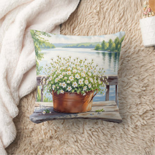Flowers in Copper pot on Lakehouse Deck Throw Pillow