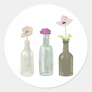 flowers in glass bottles . Pastel colours Classic Round Sticker
