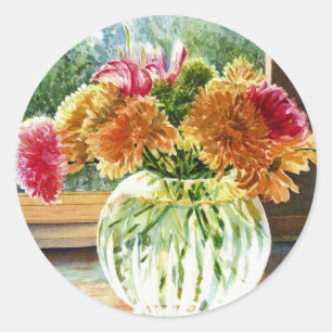Flowers in Glass Vase Classic Round Sticker