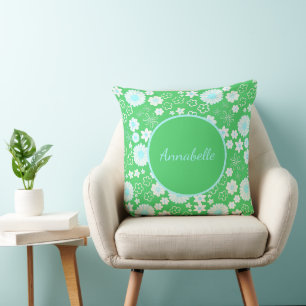 Flowers in Green Floral Pattern Custom Named Throw Pillow